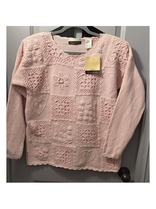 Dana Scott Sweaters - Women's Dana Scott Pink Crochet Crew Neck Sweater M